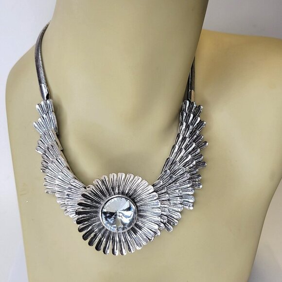 Crystal Feather Statement Necklace Statement Bib Necklace - Picture 1 of 11